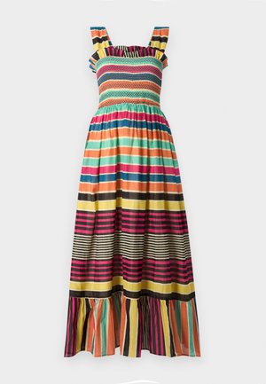Maxi dress in cotton with a fitted bodice and wide straps. Features multicolored horizontal and vertical stripes with a flared hem.