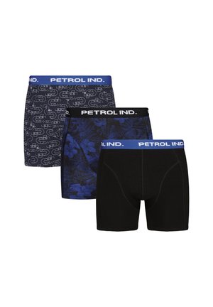 Drei Paare Boxershorts: eines mit einem weißen Grafikdesign auf marineblau, eines in dunkelblau mit Muster und eines einfarbig schwarz. Jeder hat einen farbigen Bund.