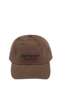 Brown cotton baseball cap featuring embroidered "DETROIT MOTORLIFE" text on the front, curved brim, and a button detail on top.