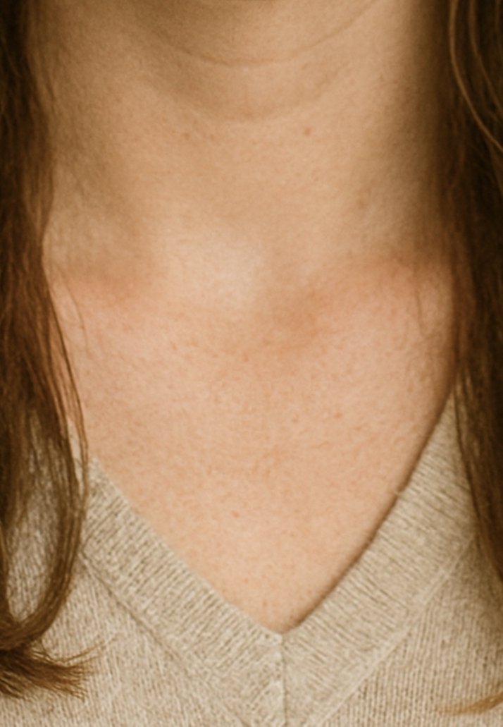 Gros plan sur le cou et le haut de la poitrine d'une personne à la peau claire, portant un pull beige à col en V en maille, avec des cheveux bruns tombant de chaque côté.