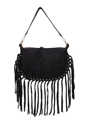 Zwarte suède tas met lange franje, ronde vorm en een schouderband. Heeft decoratieve stiksels en een ritsluiting.