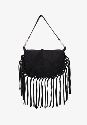 Zwarte suède tas met lange franje, ronde vorm en een schouderband. Heeft decoratieve stiksels en een ritsluiting.