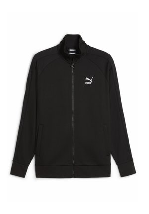 Schwarze Puma Jacke mit durchgehendem Reißverschluss, Stehkragen, langen Ärmeln, Seitentaschen und weißem Puma-Logo auf der linken Brust.