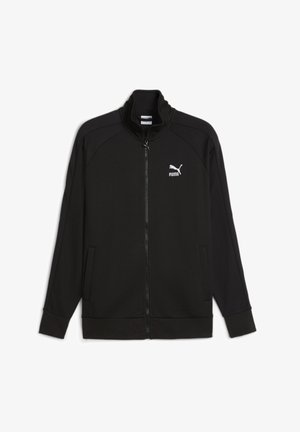 Schwarze Puma Jacke mit durchgehendem Reißverschluss, Stehkragen, langen Ärmeln, Seitentaschen und weißem Puma-Logo auf der linken Brust.