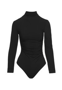 Čierny bodysuit s dlhým rukávom a stojačikom, so zúženými detailmi po stranách a priliehavým strihom, vyrobený z mäkkého textilného materiálu.