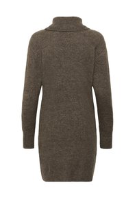 Pull en maille marron avec un col montant, des manches longues et des fentes sur les côtés. Texture douce avec une coupe décontractée. Vue arrière affichée.