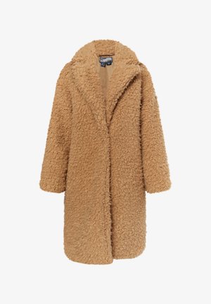 Bež faux karusnahk, millel on tekstuuriga ja koheline materjal, notch krae ja avatud esi, kuni põlve pikkune disain ja laiad varrukad.