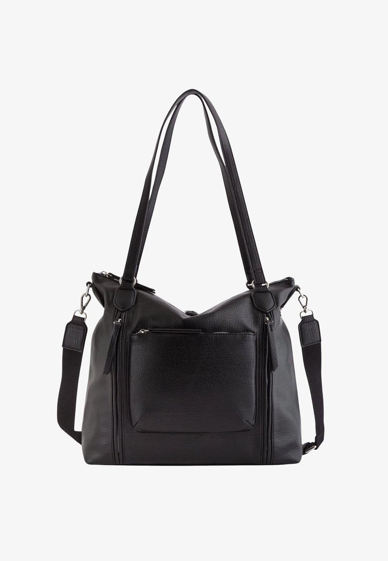 Black leather handbag with textured surface, dual handles, adjustable shoulder strap, and front zippered pocket.