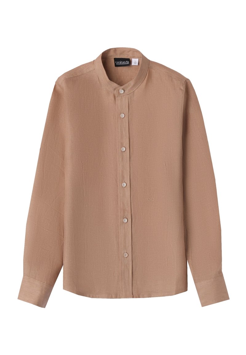 Camicia a maniche lunghe con colletto di colore marrone chiaro, realizzata in un tessuto testurizzato con chiusura a bottoni. Ha una vestibilità comoda e un design semplice.