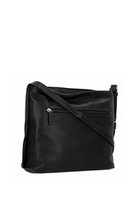 Borsa a tracolla in pelle nera con superficie textured, tasca frontale con zip e tracolla regolabile. Forma rettangolare compatta.