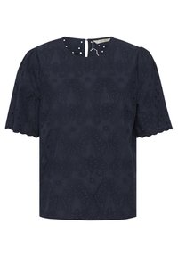 Haut bleu marine à manches courtes avec un design brodé, des bords festonnés et une ouverture en goutte d'eau au dos avec fermeture à bouton. Fabriqué en tissu léger.