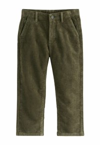 Olivgrüne Cordhosen mit vertikal geripptem Muster, zwei vorderen Taschen und einem Knopfverschluss. Gerades Bein und umsäumte Kanten.