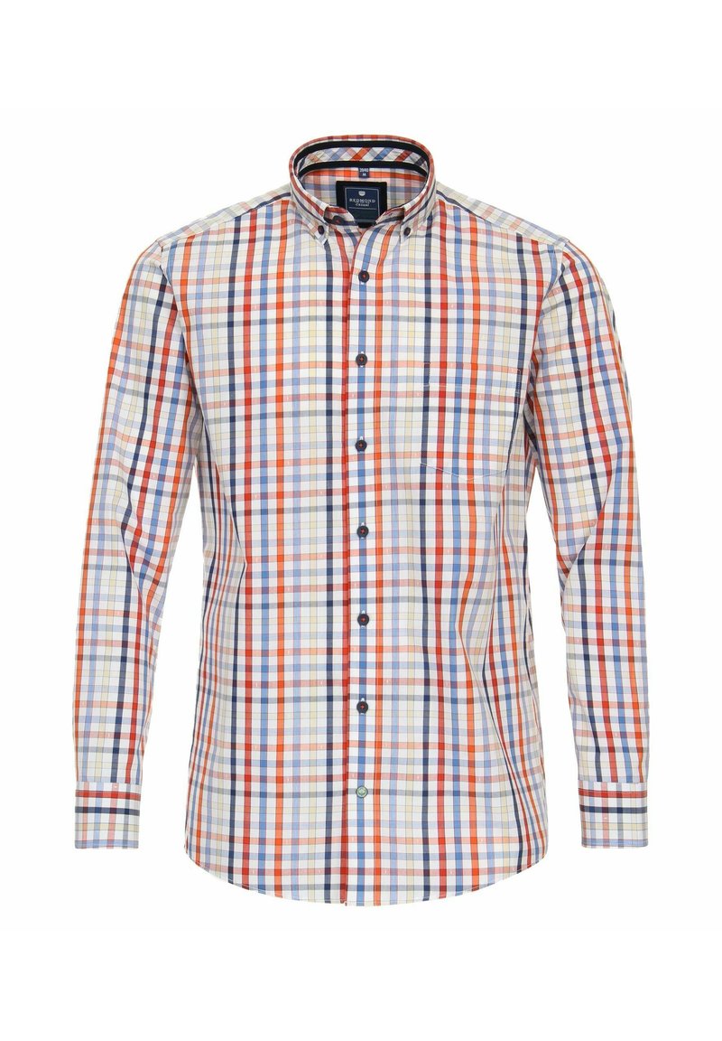 Langärmliges Hemd mit einem mehrfarbigen Karomuster, das blaue, orange und rote Linien auf einem hellen Hintergrund zeigt. Mit Knopfkragen und -manschetten.