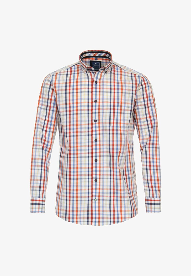 Langärmliges Hemd mit einem mehrfarbigen Karomuster, das blaue, orange und rote Linien auf einem hellen Hintergrund zeigt. Mit Knopfkragen und -manschetten.