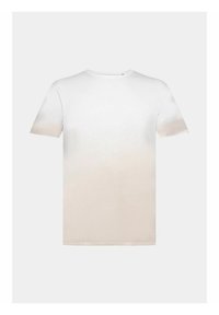 Maglietta bianca con una sfumatura che svanisce in un beige chiaro nella parte inferiore. Maniche corte, scollo rotondo, materiale in cotone morbido e texture liscia.