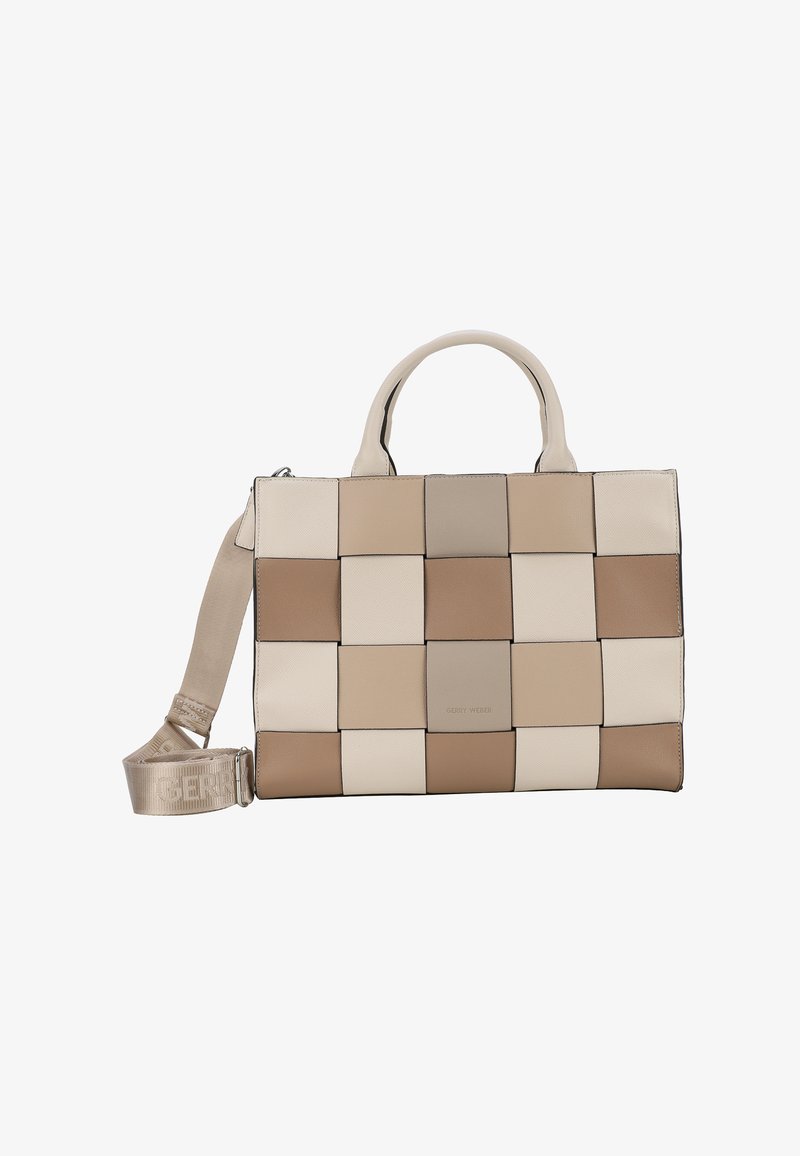 Beige and cream leather bag with a patchwork design, featuring rectangular blocks and dual handles. Includes a detachable strap.