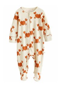 Cream-colored baby onesie with long sleeves, featuring a repeating crab pattern in rust orange. Zipper closure and footed design.
