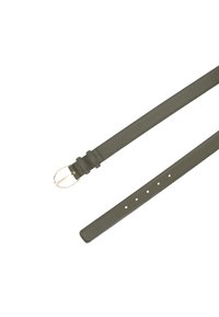 Olive green leather belt with a smooth texture, featuring a gold metal buckle and holes for size adjustment. Flat design, minimalistic style.