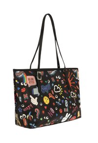 Borsa tote nera con stampe grafiche colorate che includono emoji, fumetti e simboli. Cinghie lunghe e piatte e design spazioso.