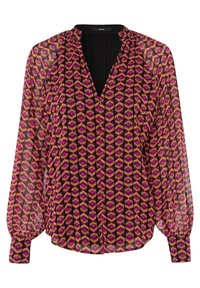 Gennemsigtig bluse med V-hals, lange puffærmer og et geometrisk mønster i nuancer af pink, orange og sort.