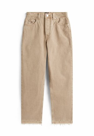 Jeans beige a vita alta in denim, con gamba dritta, cinque tasche e orli sfilacciati ai polsi. Cuciture resistenti in tutto il capo.