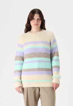 Lightweight, knitted sweater in beige, with horizontal stripes of mint green, lavender, and brown. Features a crew neckline and ribbed cuffs.