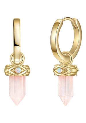 Goldene Creolen mit einem rosa Kristallanhänger, verziert mit einem kleinen Opal und einem strukturierten Augendesign oben.