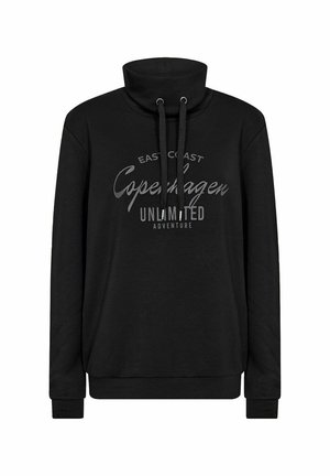 Black sweatshirt with a high collar and drawstrings, featuring "East Coast Copenhagen Unlimited Adventure" in gray print across the front.