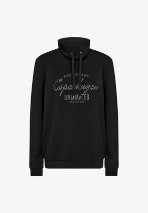 Mustat hupparit, jossa on korkea kaulus ja kiristysnyörit, etupuolella harmaalla painatuksella "East Coast Copenhagen Unlimited Adventure".