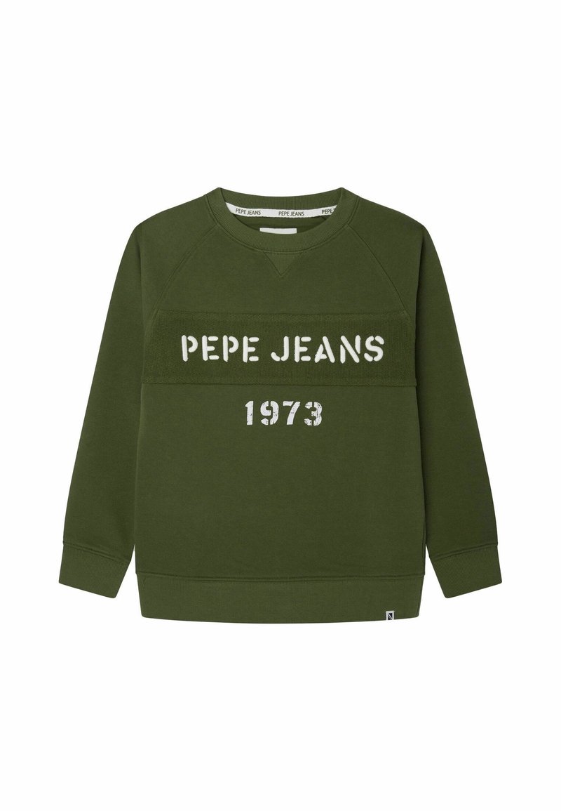 Sweat-shirt vert avec un col rond, des manches longues, et un panneau texturé arborant l'inscription "PEPE JEANS 1973" en lettres blanches. Tissu doux au toucher.
