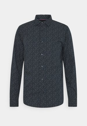 Black long-sleeve shirt with a small white speckled pattern, button-up front, pointed collar, and blue buttons.