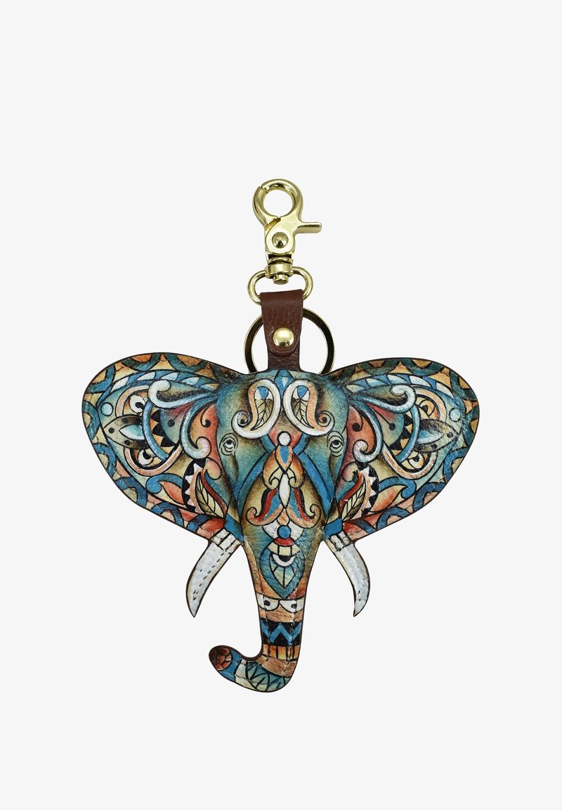 Schlüsselanhänger in Form eines Elefanten aus Leder, mit komplizierten Mustern in Blau, Orange und Beige. Goldfarbener Metallclip und braunes Band.