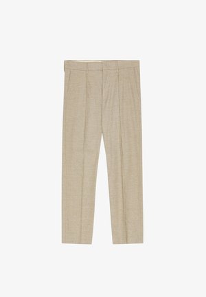 Pantalones beige hechos de una tela texturada, con corte recto, pliegues frontales y trabillas para cinturón. Diseño ajustado con un acabado limpio.