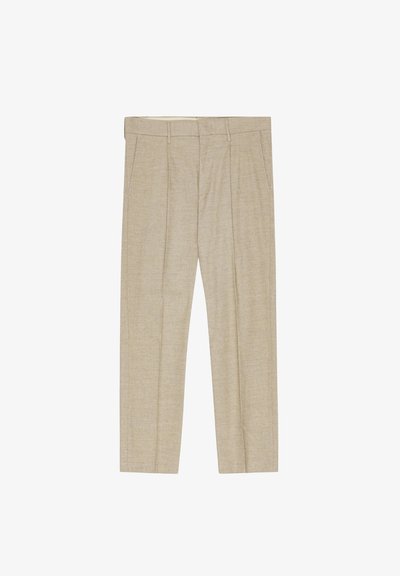 Beige bukser lavet af et tekstureret stof, med lige snit, frontfolder og bælteholdere. Skræddersyet design med en ren finish.