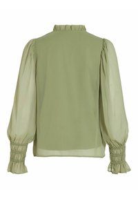 Blouse transparente vert clair avec de longues manches bouffantes, des poignets élastiques froncés et un col haut à volants, vue de dos.