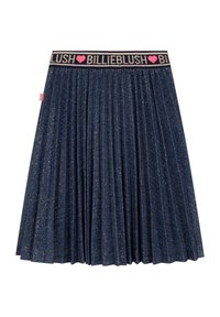 Námořnická plisovaná sukně vyrobená z lesklého materiálu, s černým pasem s nápisem "BILLIEBLUSH" a růžovými srdíčky.