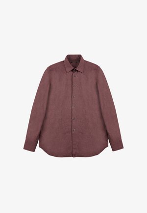 Bordeauxfarbenes Langarmhemd mit spitzem Kragen, Knopfleiste und abgerundetem Saum. Hergestellt aus strukturiertem Stoff mit schwarzen Knöpfen.