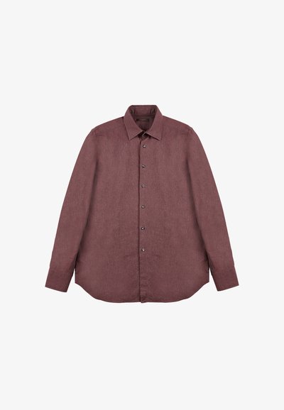 Bordeauxkleurig langarmshirt met een puntkraag, knoopsluiting aan de voorkant en een gebogen zoom. Gemaakt van textiel met een structuur en zwarte knopen.