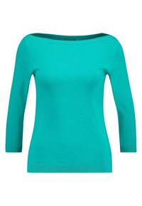 Türkisfarbener Pullover mit langen Ärmeln, Bootsausschnitt sowie gerippten Bündchen und Saum, vor einem weißen Hintergrund präsentiert.