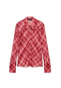 Camicia a maniche lunghe a quadri rossi con colletto classico, chiusura frontale con bottoni e tessuto leggermente trasparente dalla texture liscia.