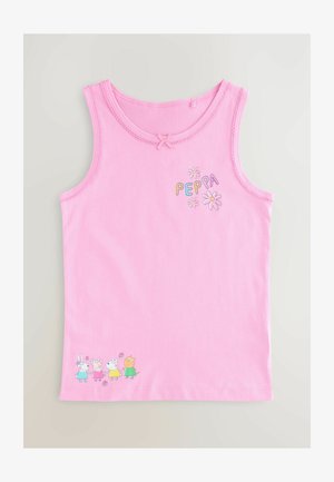 Pink cotton tank top with a decorative bow at the neck, featuring "Peppa" text and cartoon characters on the hem, with floral accents.