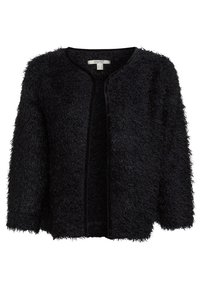 Svart, fluffig, textured öppen jacka med rund halsringning och utan knappar, med en mjuk yta och korta ärmar.