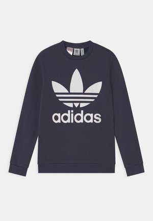Marineblaues Adidas Sweatshirt mit langen Ärmeln, weißem Trefoil-Logo und dem Schriftzug "adidas" zentriert auf der Vorderseite.