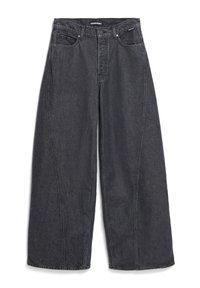 Weite schwarze Jeans aus Denim mit strukturiertem Finish, klassischem Fünf-Taschen-Design und sichtbaren Nähdetails.