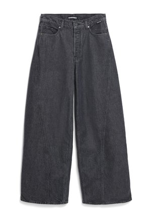 Weite schwarze Jeans aus Denim mit strukturiertem Finish, klassischem Fünf-Taschen-Design und sichtbaren Nähdetails.