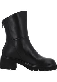 Bottine en cuir noir avec un bout rond, fermeture éclair latérale et talon épais. Texture lisse avec une silhouette élégante et un minimum de détails.