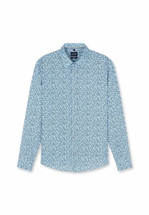 Light blue long-sleeve shirt with small dark blue leaf pattern, button-up front, and classic collar, laid flat on a white background.