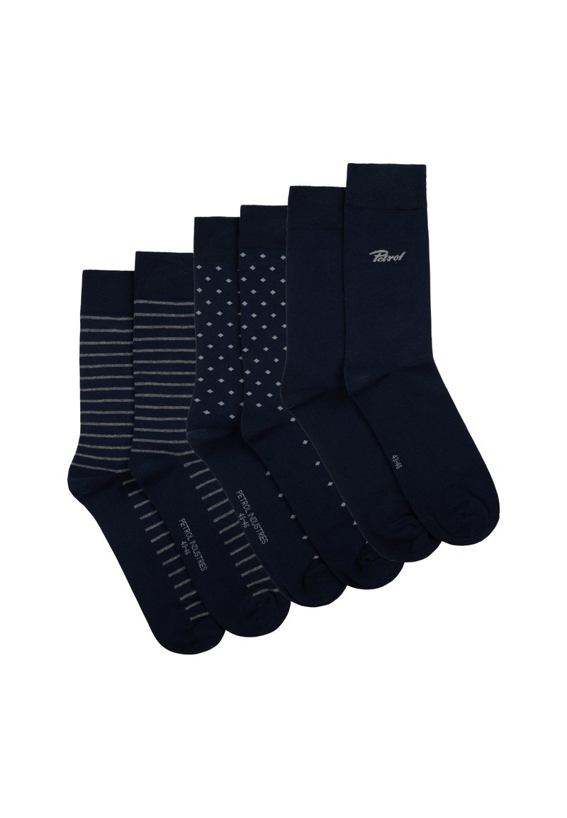 Set de șase sosete bleumarin, cu diferite modele: dungi, buline și forme de diamant. Fiecare soset are o textură catifelată și cu glezne întărite.