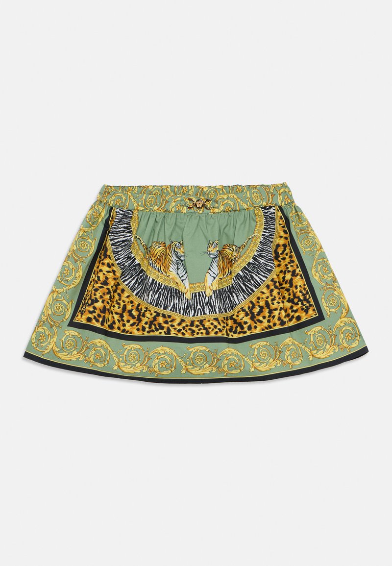 Green skirt featuring a tiger print with black and yellow accents. The design includes a patterned border with gold detailing. Elastic waistband.