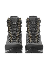Wanderschuhe aus grauem Leder mit schwarzem Schnürsenkel, verstärkter Zehenkappe und grauer Gummisohle. Besitzt metallische Akzente und eine strukturierte Oberfläche für Langlebigkeit.